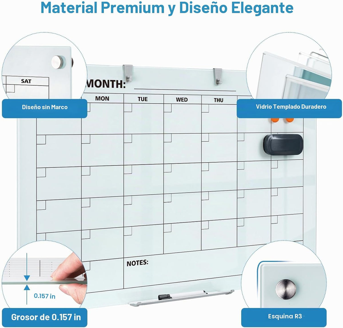 Pizarra blanca de vidrio tipo calendario, 36 x 24 pulgadas para planificador de borrado en seco