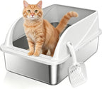 Caja de arena para gatos de acero inoxidable con cuchara, tamaño mediano