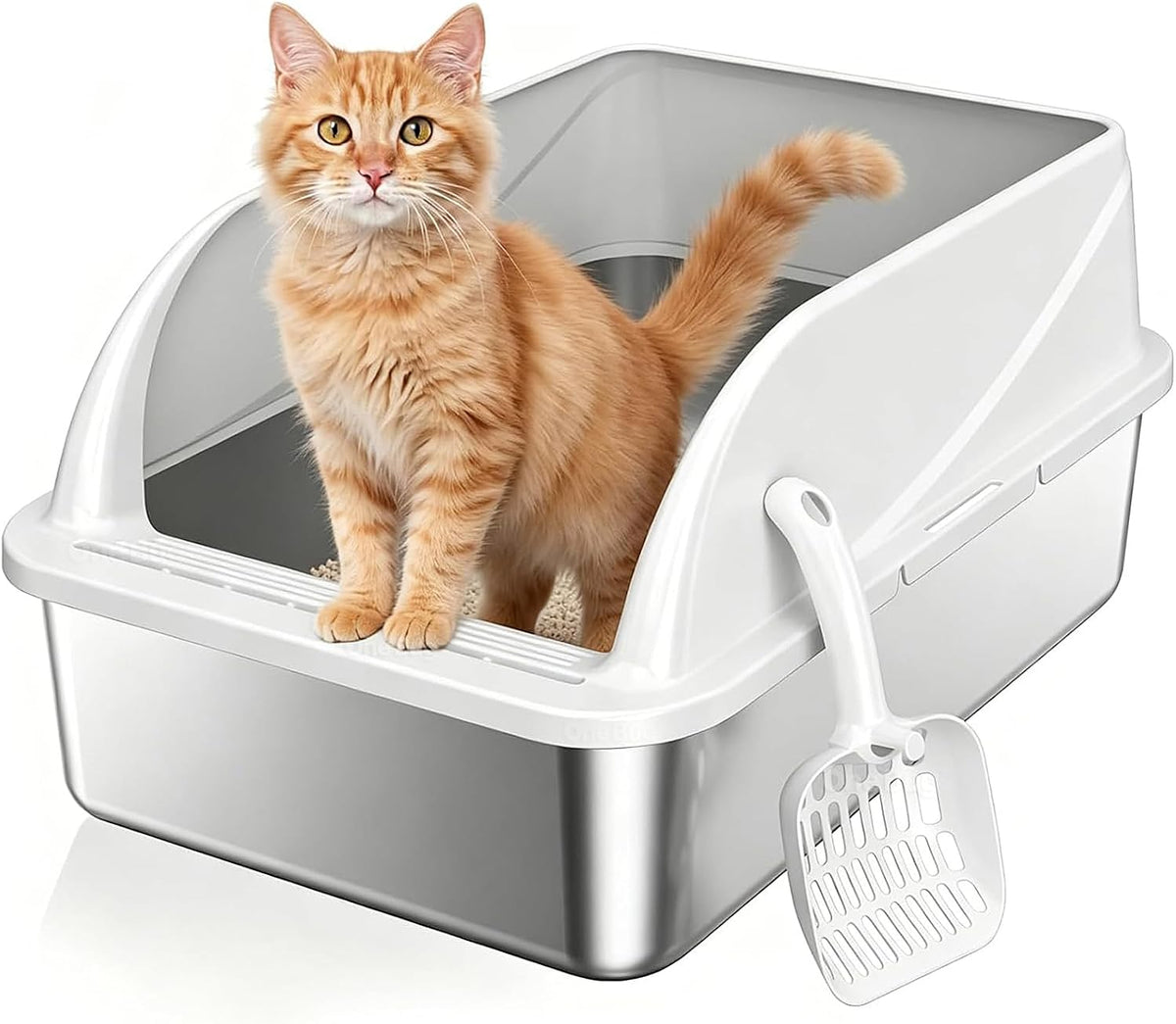 Caja de arena para gatos de acero inoxidable con cuchara, tamaño mediano