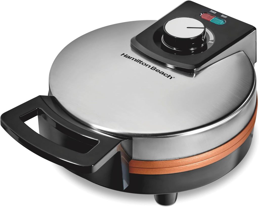 Hamilton Beach - Gofrera belga con placas antiadherentes recubiertas de cerámica libres de PFAS, control de dorado, luces indicadoras, acero inoxidable (26081)