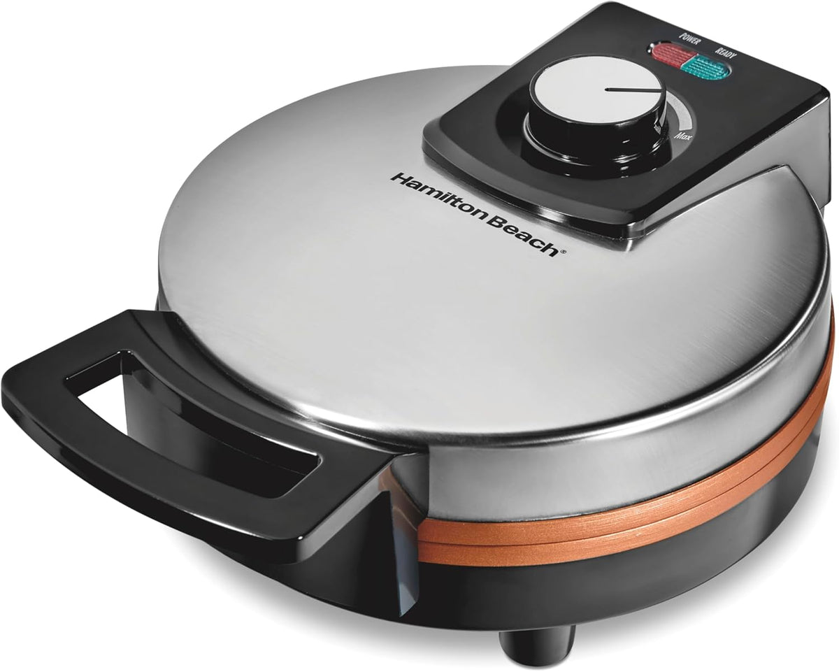 Hamilton Beach - Gofrera belga con placas antiadherentes recubiertas de cerámica libres de PFAS, control de dorado, luces indicadoras, acero inoxidable (26081)