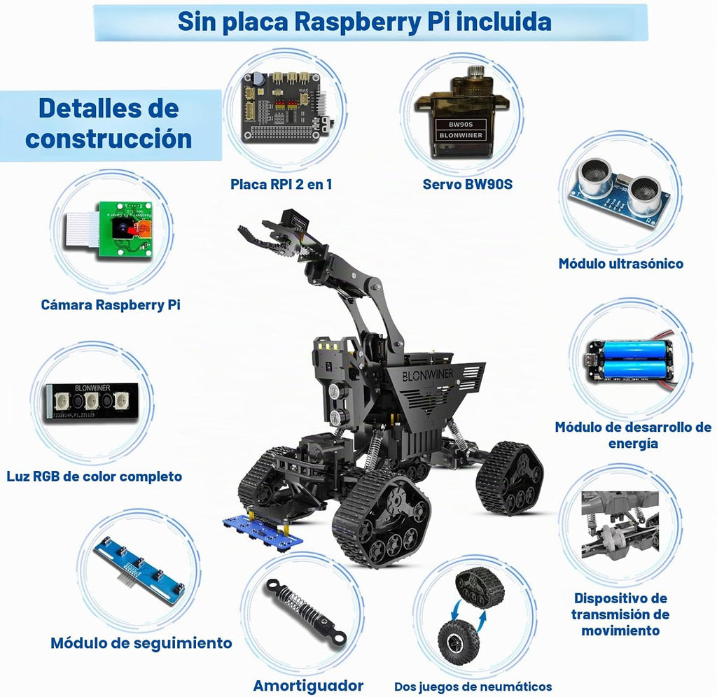Kit de carro robot BLONWINER, juguete de construcción de brazo robótico inteligente 2 en 1 para codificación Python en Raspberry Pi, kits de tanque de programación STEM con cámara (sin placa RPi)