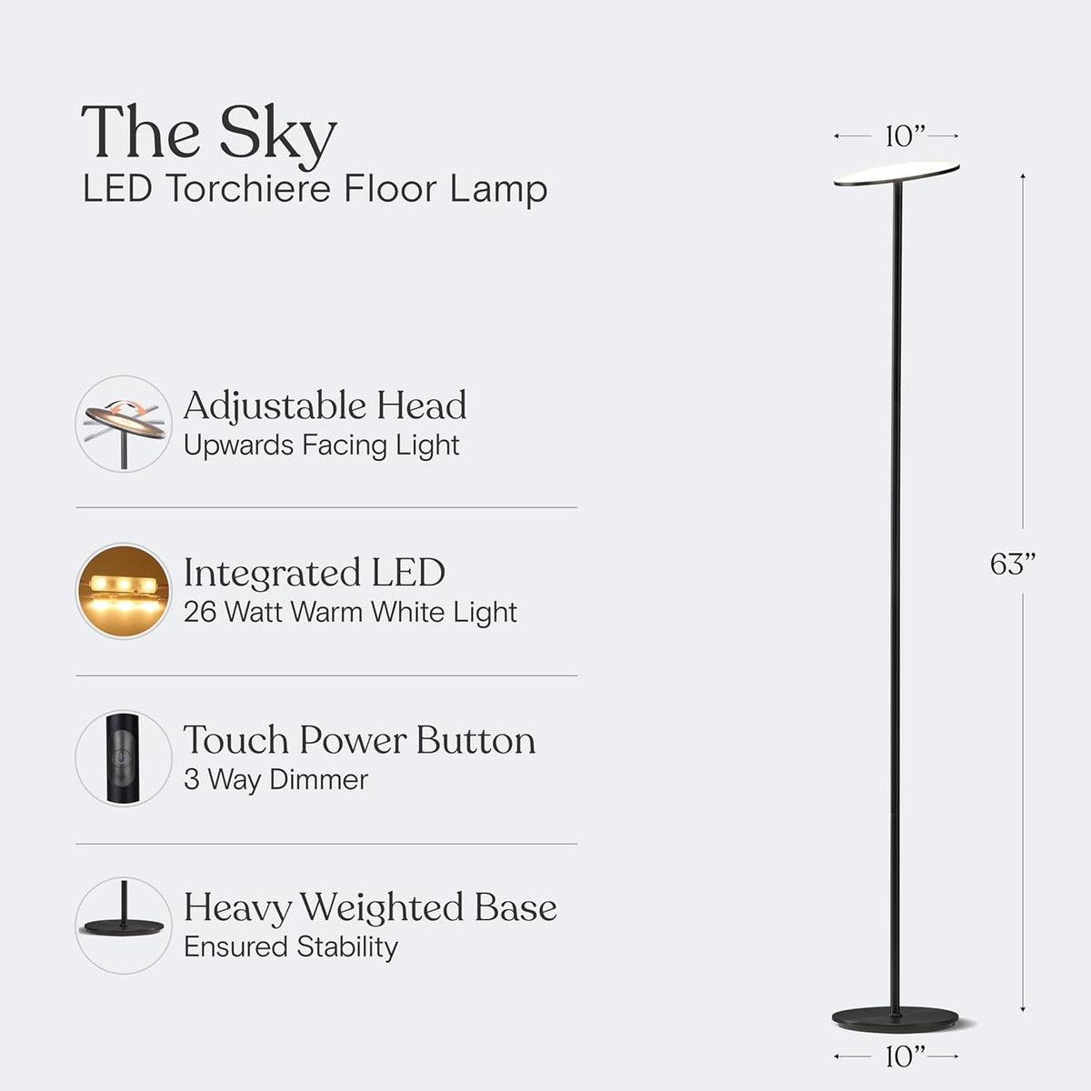 Lámpara de pie LED de 30 vatios Brightech Sky, 211136S-BK, 30.00 vatios