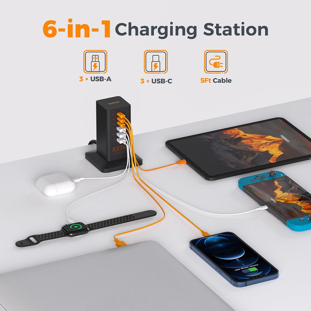 TESSAN Estación de Carga USB de 100W para Múltiples Dispositivos 6-en-1 Cargador USB
