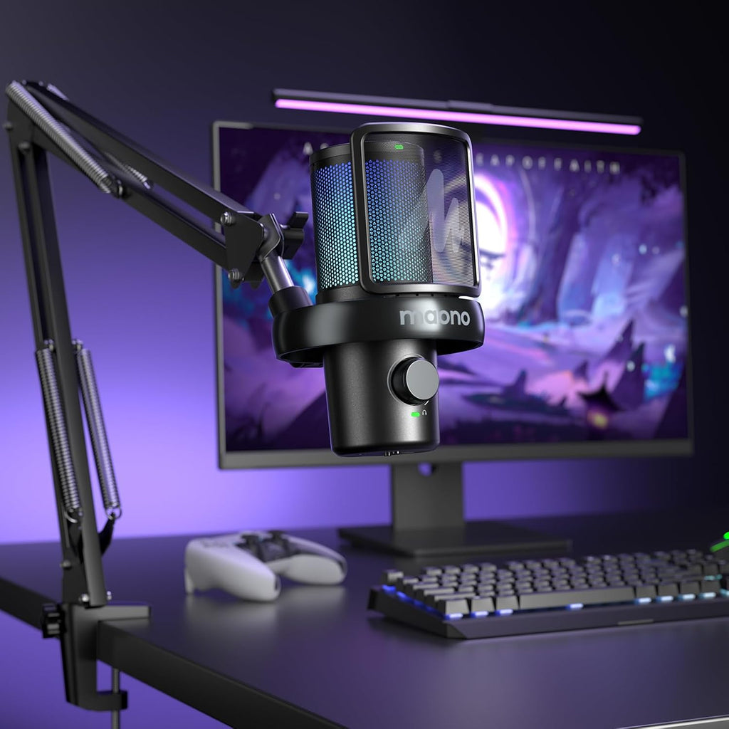 MAONO Micrófono inalámbrico DM40 Pro AI con soporte de brazo de micrófono, cancelación de ruido AI, cambiador de voz AI, toque para silenciar, micrófono de condensador inalámbrico de PC para juegos