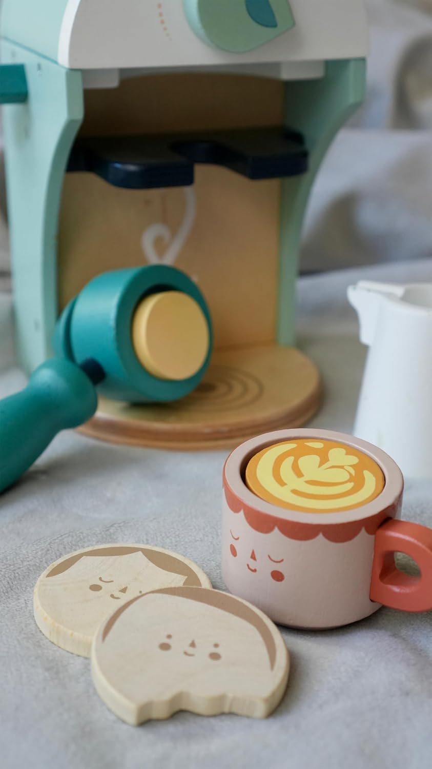 Tender Leaf Toys - Máquina de café de madera Babyccino Maker juguete de juego de comida con cápsulas y tazas de expreso hecho de materiales de primera calidad, artesanía a partir de 3 años