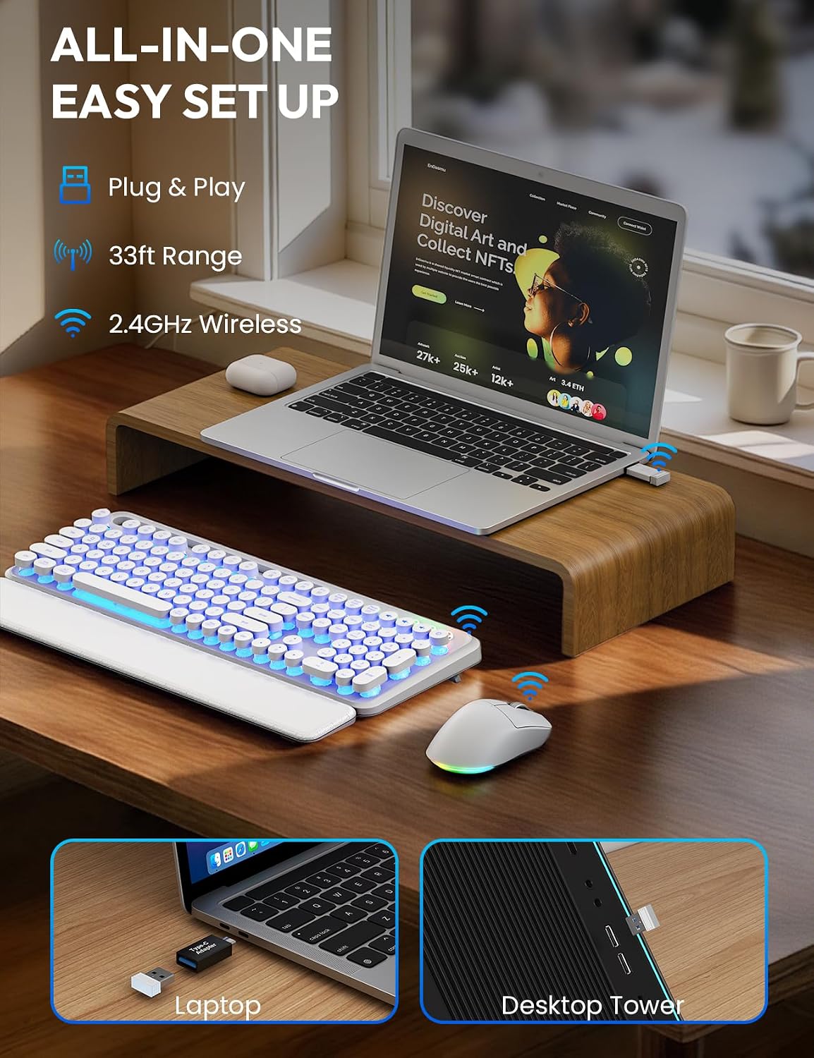 Teclado y mouse inalámbricos, máquina de escribir retroiluminada co...