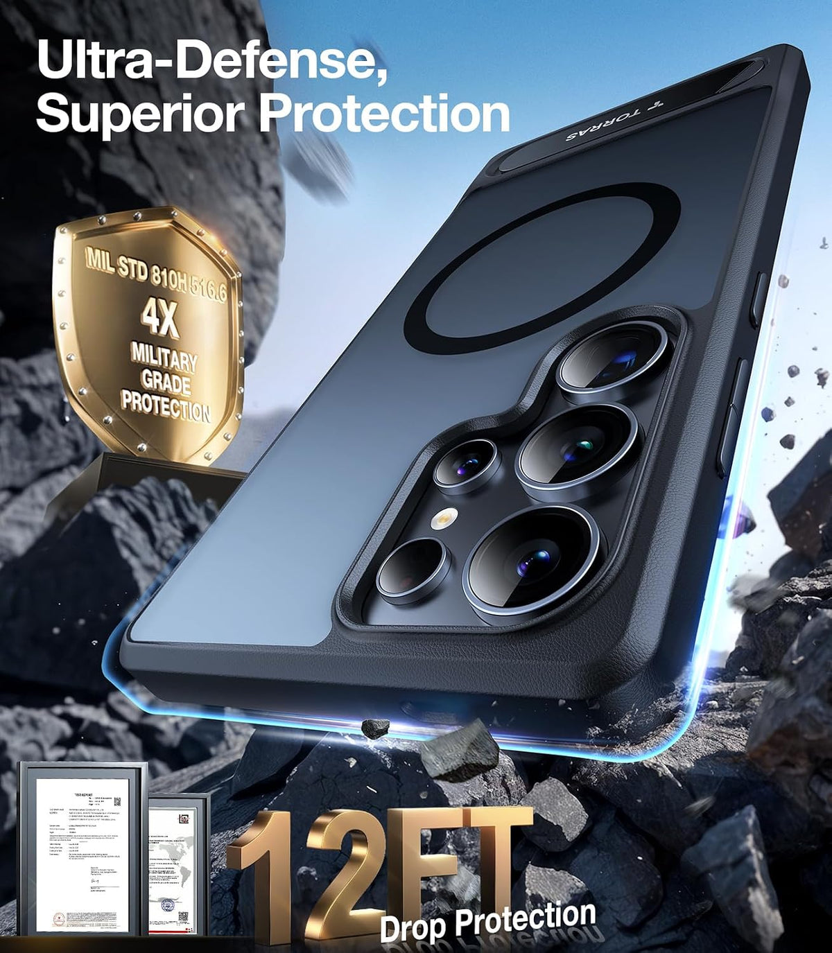 TORRAS Fuerte soporte magnético y sin costuras para Samsung Galaxy S25 Ultra, compatible con MagSafe, protección contra caídas de grado militar, soporte con función atril para Samsung Galaxy S25 Ultra