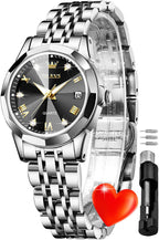 OLEVS Reloj Analógico de Cuarzo para Mujer, Acero Inoxidable Plateado de Dos Tonos, Moda, Resistente al Agua, Luminoso, con Fecha y Día, Relojes de Pulsera para Damas