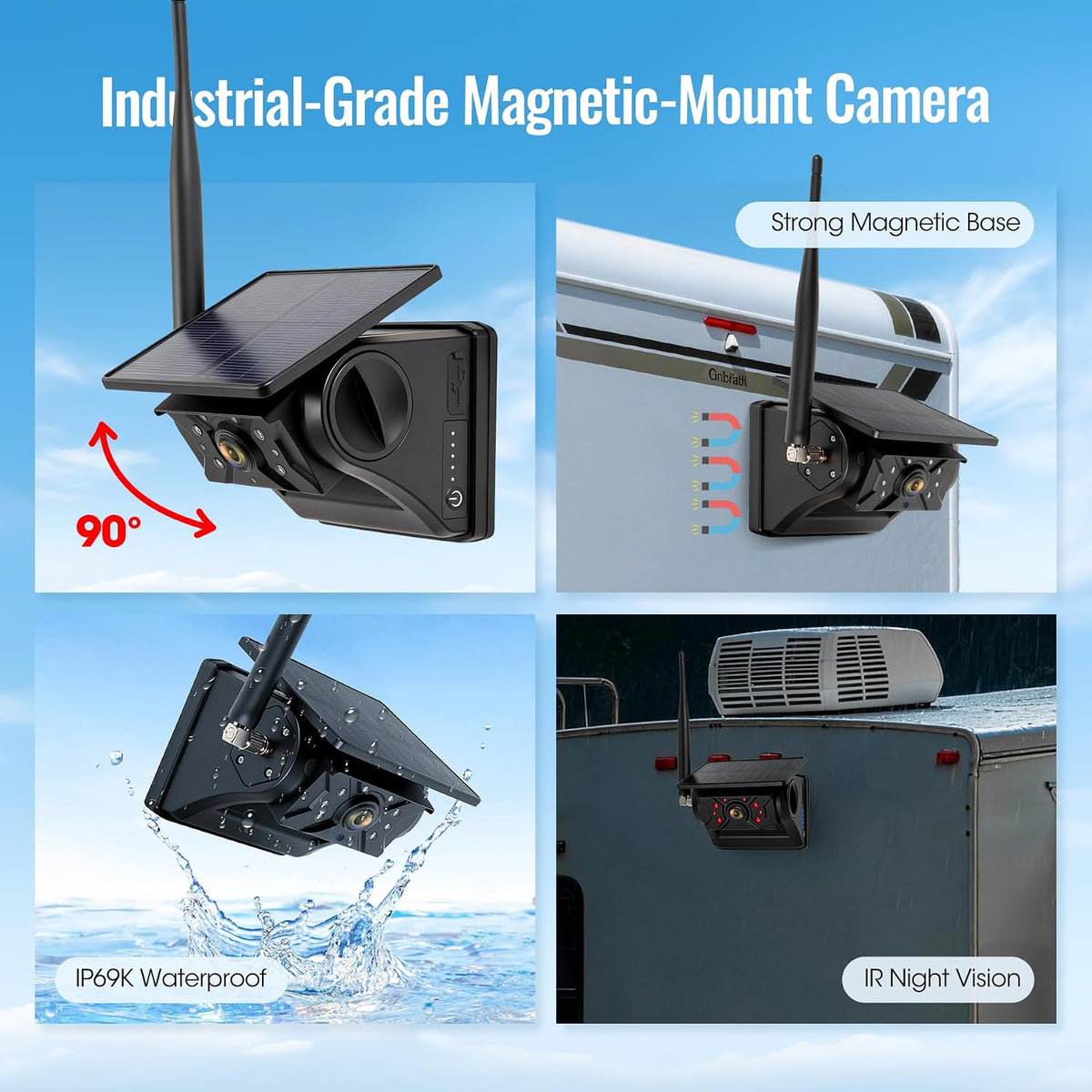 Sistema de cámara de respaldo inalámbrico solar magnético, pantalla táctil IPS de 7 pulgadas con DVR, cámara de visión nocturna IR recargable, cámara RV sin cableado para enganchar remolques