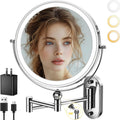 Espejo de maquillaje iluminado de pared de 9 pulgadas, espejo de aumento de doble cara recargable de 4000 mAh 1X/10X con luz, 3 luces de color, regulable al tacto, espejo de maquillaje montado en la pared con brazo extendido de rotación de 360 grados