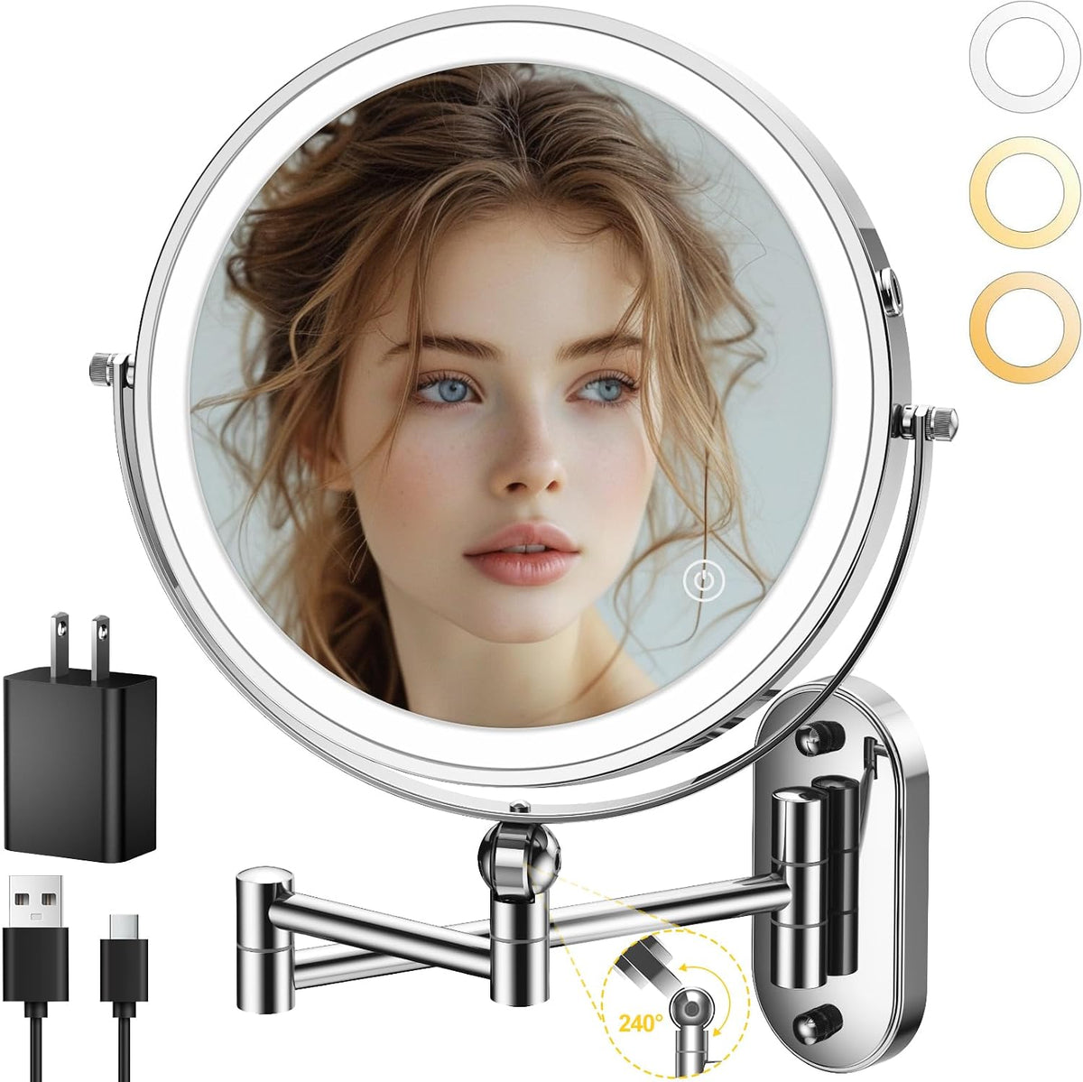 Espejo de maquillaje iluminado de pared de 9 pulgadas, espejo de aumento de doble cara recargable de 4000 mAh 1X/10X con luz, 3 luces de color, regulable al tacto, espejo de maquillaje montado en la pared con brazo extendido de rotación de 360 grados