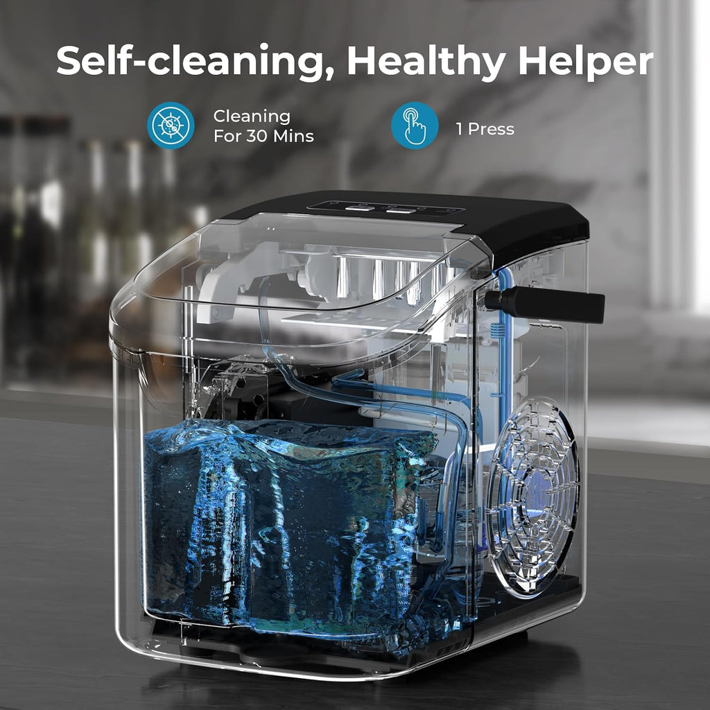 Máquina para hacer hielo para encimera, 8 cubos de hielo en 6 minutos, 26 libras/día de hielo con 2 tamaños - mini portátil, ahorro de energía y cesta/pala para el hogar/fiesta/viajes/campamento/bar