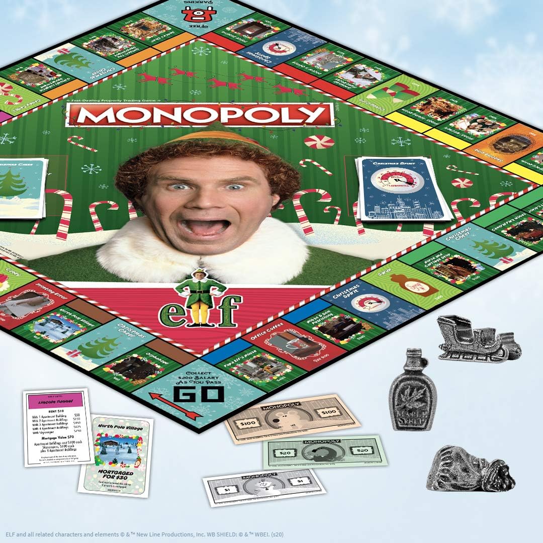 Monopoly Elf | Basado en la comedia navideña Elf | Juego de monopolio coleccionable con lugares familiares y momentos icónicos | Monopoly oficialmente licenciado