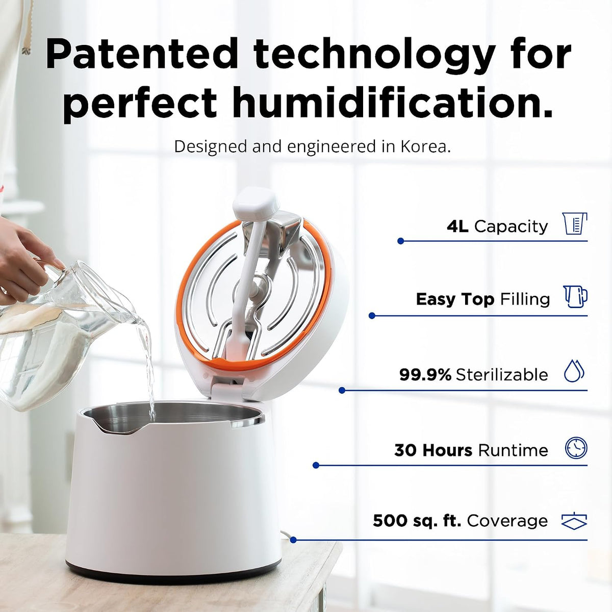 Carepod One - Humidificador ultrasónico de acero inoxidable 31S, silencioso, fácil de limpiar para habitaciones grandes, 1 galón (4 litros), solo 3 piezas lavables, apagado automático
