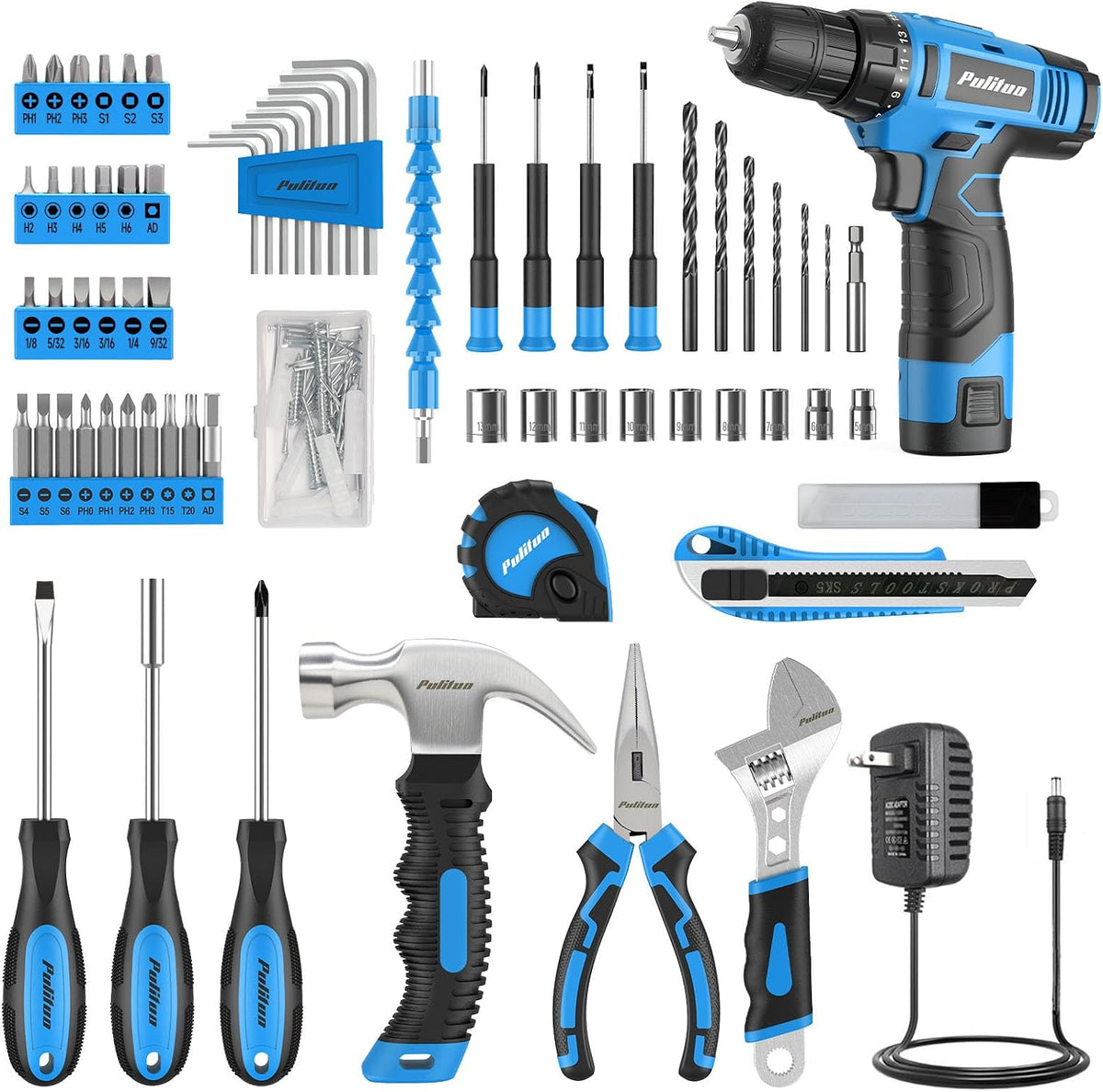 PULITUO Juego de herramientas, juego de 149 piezas de taladro inalámbrico azul de 12 V, caja de herramientas, kits de herramientas manuales para mujeres y hombres y entusiastas del bricolaje, para