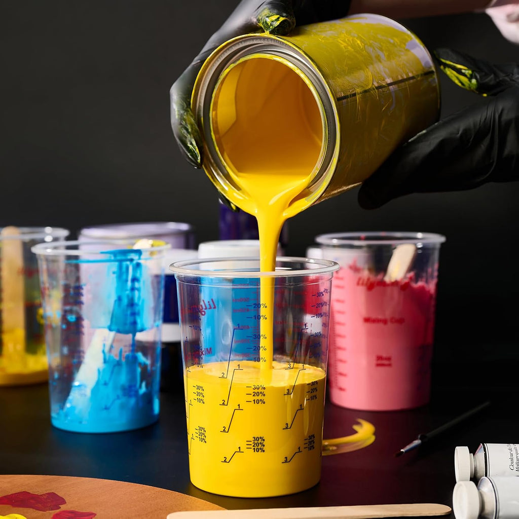 Paquete de 100 vasos de plástico para mezclar, 20 oz (600ml), vasos medidores desechables con 50 varillas de mezcla de madera, relaciones de medición: 2:1, 3:1, 4:1, adecuado para resina epoxi