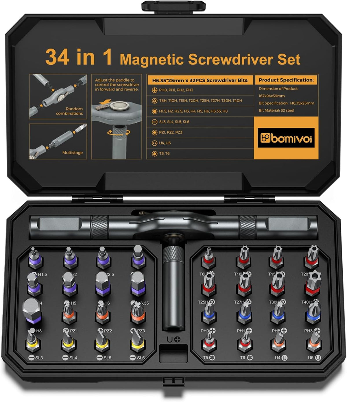 Juego de 34 en 1 de destornilladores magnéticos, juego de destornilladores de trinquete DIY, conjunto de puntas magnéticas multi-bit con mango de trinquete, práctico kit de herramientas