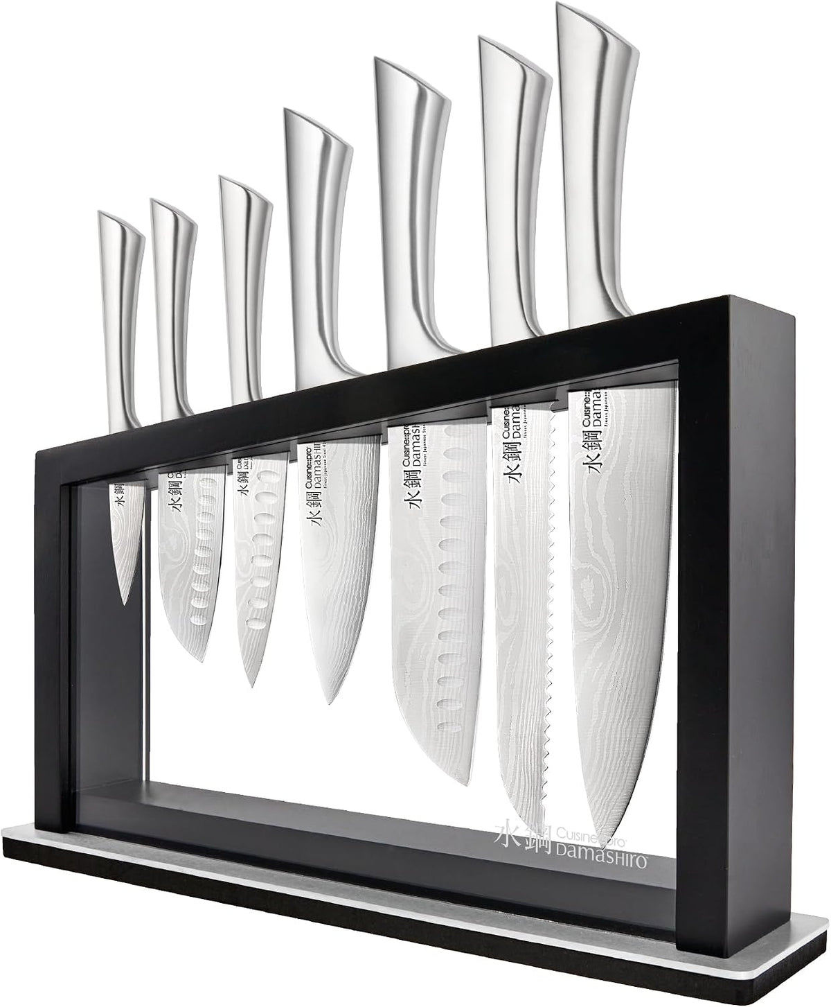 Cuisine::pro Damashiro - Bloque de cuchillos Satori de 8 piezas, juego de cuchillos de acero japonés con bloque de cuchillos de madera de acacia, hoja inspirada en Damasco