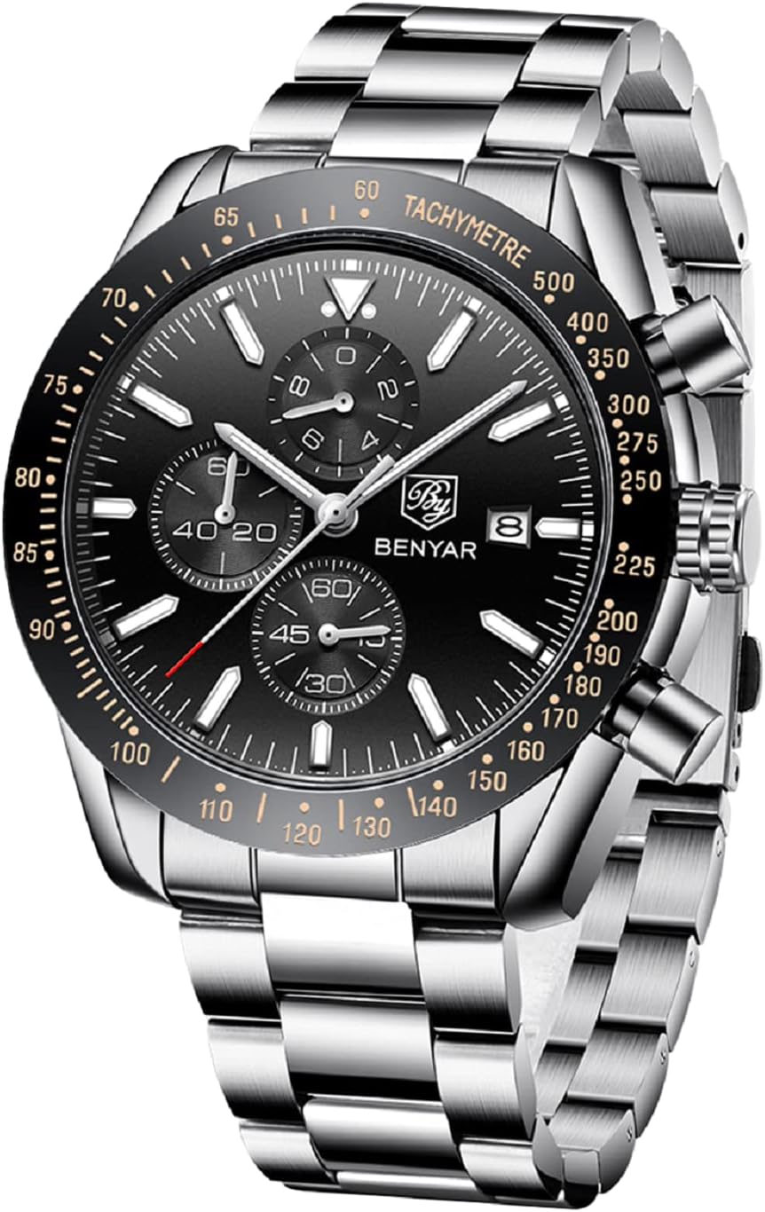 BENYAR Reloj analógico de cuarzo cronógrafo impermeable luminoso de diseñador para hombre, reloj de pulsera para hombre, para negocios, trabajo, deporte, casual, con correa de silicona, elegante