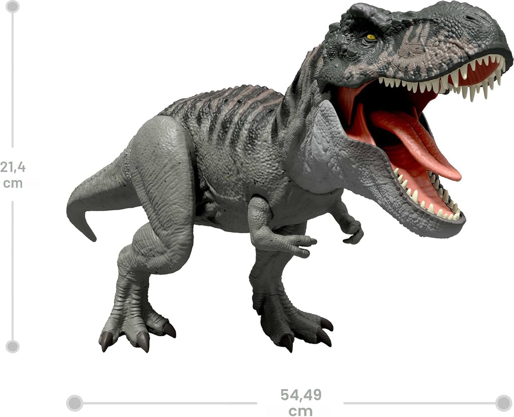 Mattel Jurassic World Rebirth Power Devour - Figura de dinosaurio Tiranosaurio Rex con mordida constante activada por la lengua, luces y sonidos, juego digital