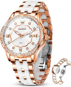 OLEVS Relojes de cerámica de lujo para mujer, reloj de oro rosa con diamantes brillantes para mujer, resistente al agua, analógico, de cuarzo, relojes para mujer