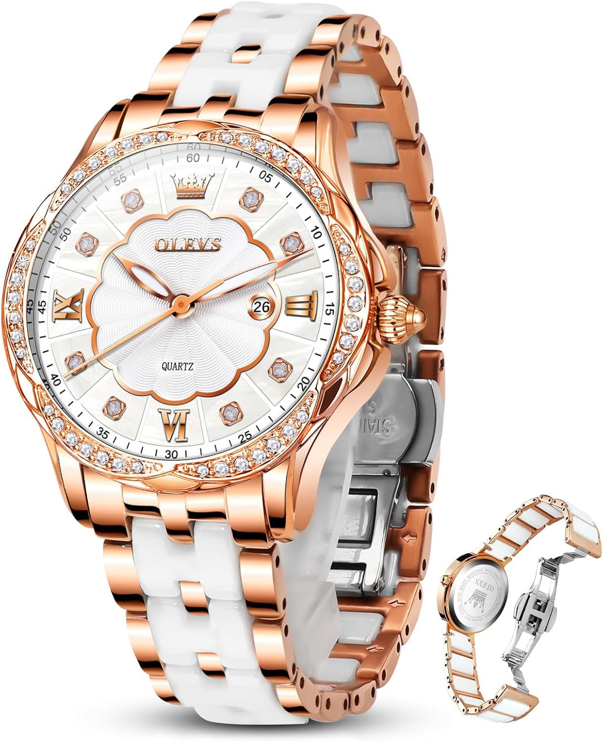 OLEVS Relojes de cerámica de lujo para mujer, reloj de oro rosa con diamantes brillantes para mujer, resistente al agua, analógico, de cuarzo, relojes para mujer
