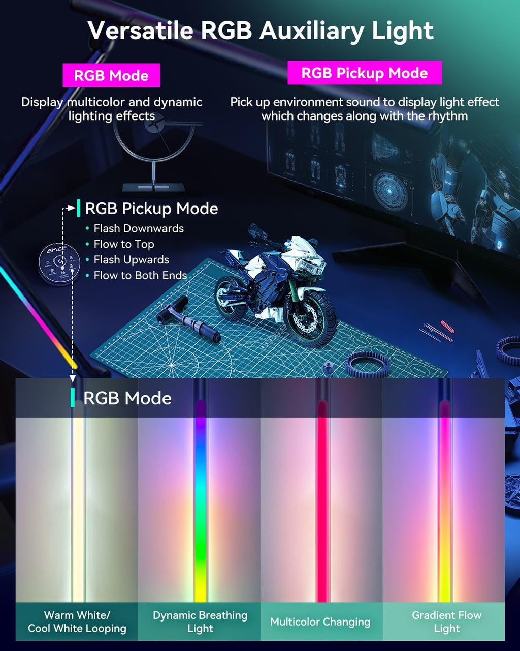 Lámpara Lámpara de escritorio LED con abrazadera, lámpara de escritorio de arquitecto de 18W con luz dual, brazo oscilante flexible de 3 secciones, con luz RGB, con control remoto, con interruptor sensor