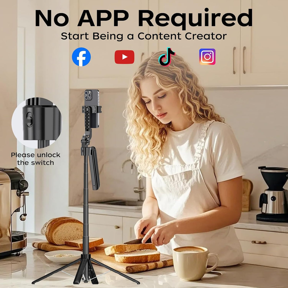 Trípode para selfie de seguimiento automático de 70.9 pulgadas para iPhone Android, sin aplicación, trípode de rotación de 360° que sigue tu movimiento con control remoto para transmisión en vivo, TikTok, YouTube