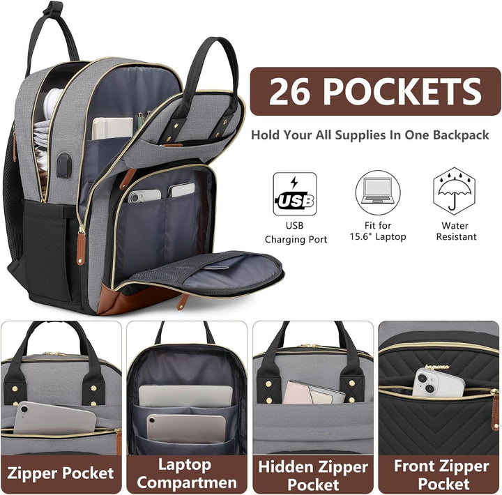 bagswan Mochila para laptop para mujer, 7-negro gris marrón, 15,6 p...