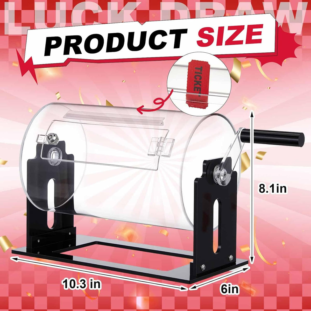 Leinuosen Tambor de rifa de acrílico de 11.5 x 6.3 x 8.5 pulgadas, jaula giratoria transparente para boletos de rifa con mano agitadora, caja giratoria de boletos transparente para juegos de sorteo de