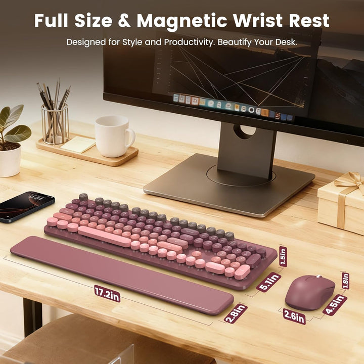 Combo de teclado y mouse inalámbricos, bonito teclado retro con tec...