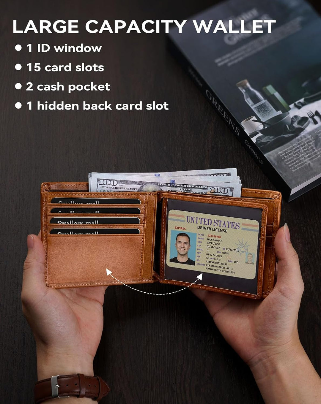 Cartera de cuero auténtico, RFID, 16 ranuras para tarjetas, plegabl...