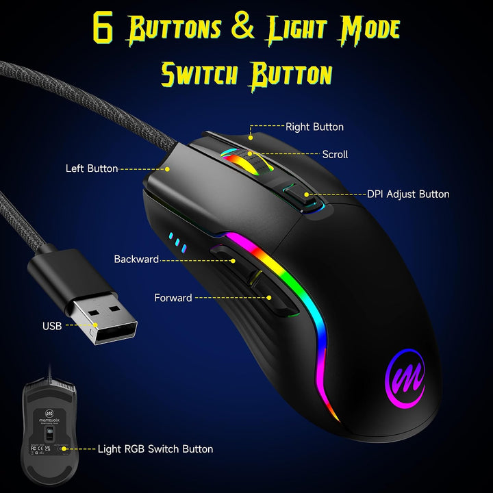memzuoix Mouse para juegos con cable RGB - 6 DPI ajustables hasta 1...