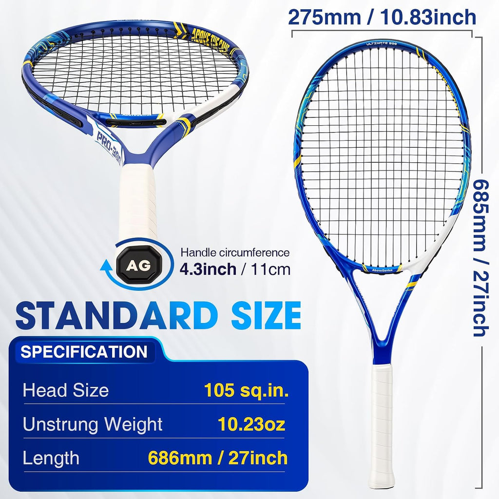 Juego de raquetas de tenis para adultos, 2 raquetas de tenis preencordadas de 27 pulgadas con marco de una pieza, cabeza de gran tamaño de 105 pulgadas cuadradas, sensación de reducción de
