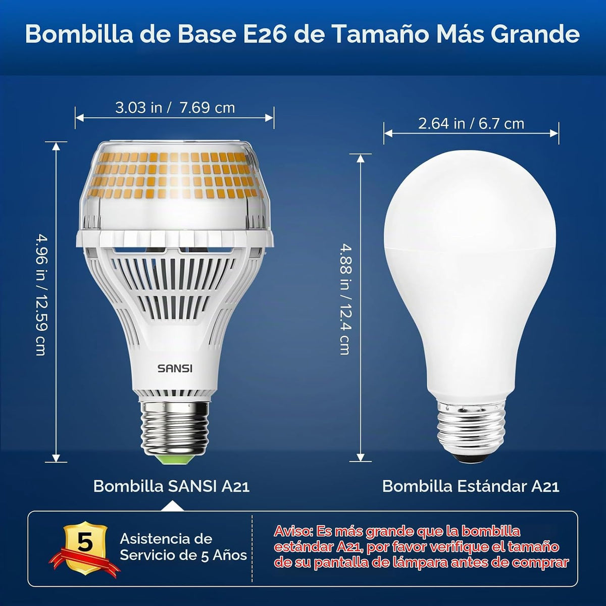 Lámpara SANSI Bombilla LED más brillante equivalente a 400 W, 6000 lúmenes, luz diurna de 5000 K, bombilla LED súper brillante E26 A21 no regulable, vida útil de 22 años, ahorro de energía de 40 W para taller