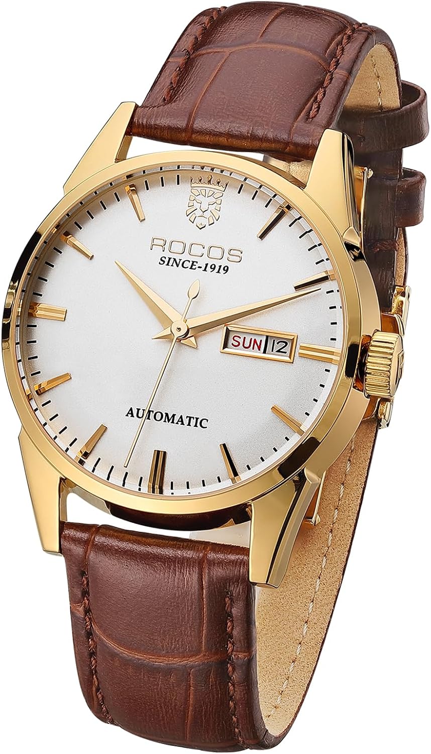 ROCOSJEWE R0101 Reloj Automático Mecánico para Hombre de Lujo Dorado Reloj Clásico Retro Correa de Cuero Marrón Impermeable Regalo para Hombre Moda Negocios