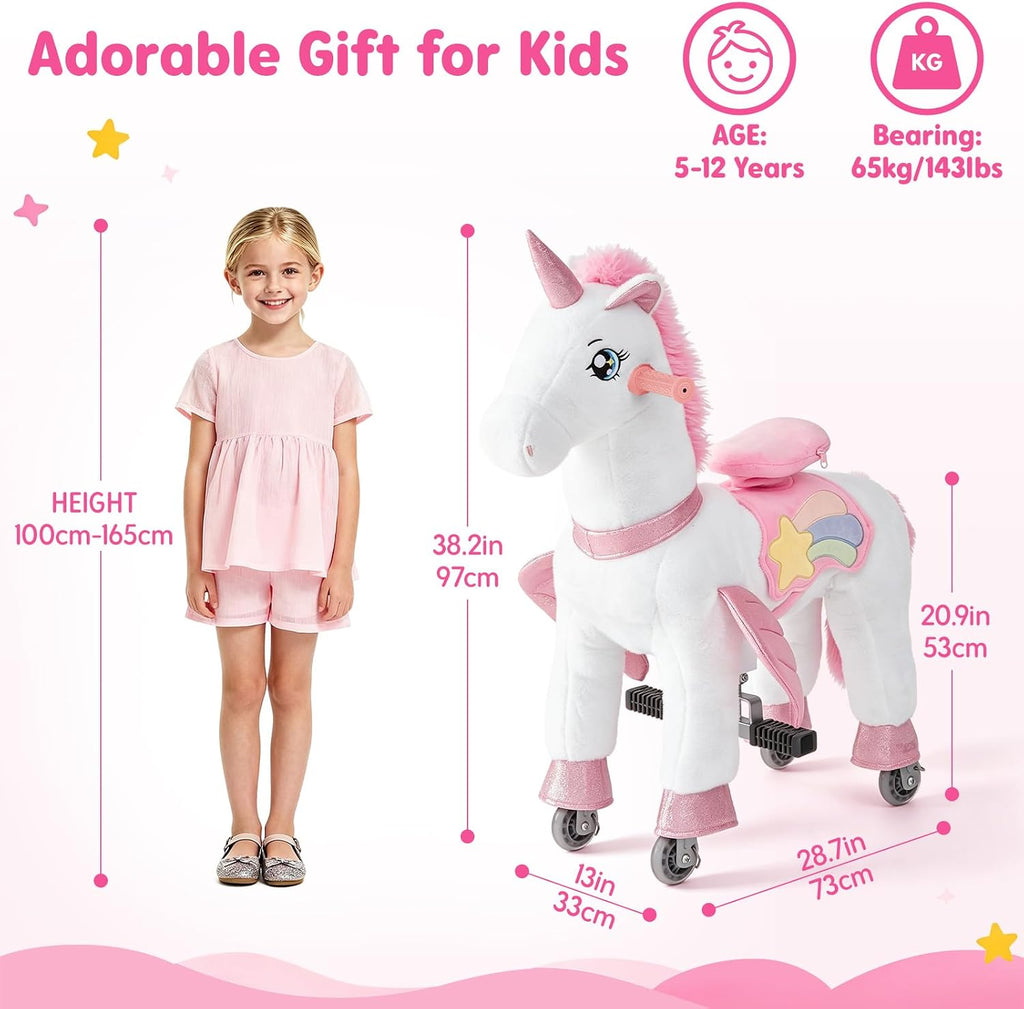FUNLIO Caballo de unicornio para niños de 5 a 12 años, juguetes de felpa con ruedas para jugar en interiores y exteriores, fácil de montar, certificado CPC y CE, grande