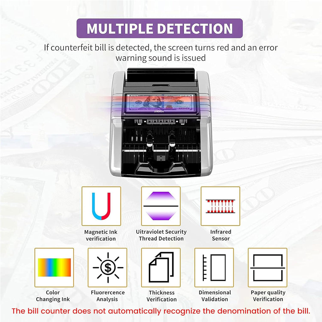 Aneken - Máquina contadora de dinero con conteo de valor, detector de billetes falsificados UV/MG/IR/DD/DBL/HLF/CHN para dólares y euros, modos de añadir y lote, contador de efectivo con pantalla LCD