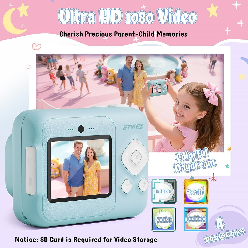 Cámara de impresión instantánea para niños, 1080P con tarjeta de 32
