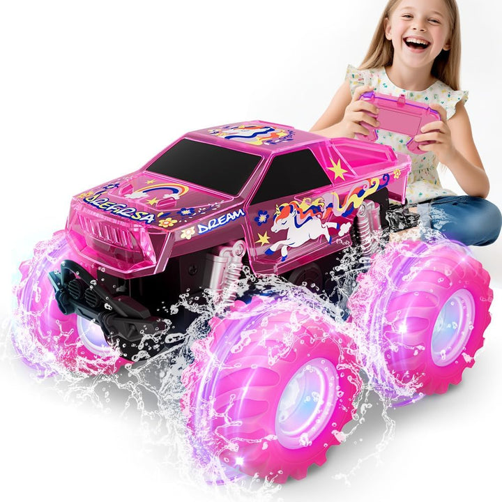 Drefirsa Camión monstruo rosa, coche unicornio de control remoto, c...