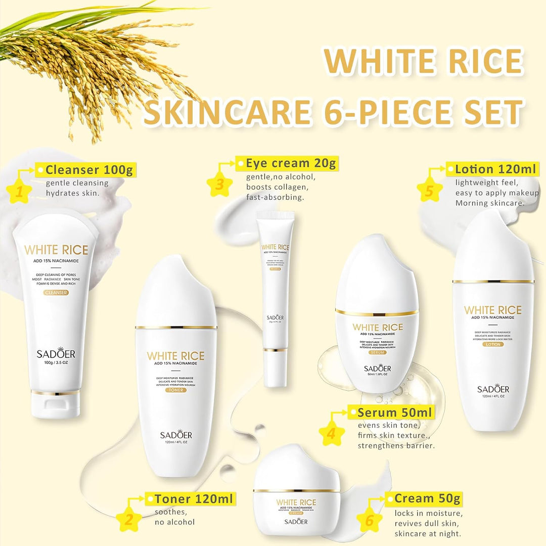 FOR SADOER Rice Niacinamide Skincare Set \u2013 Kit de 6 piezas de...