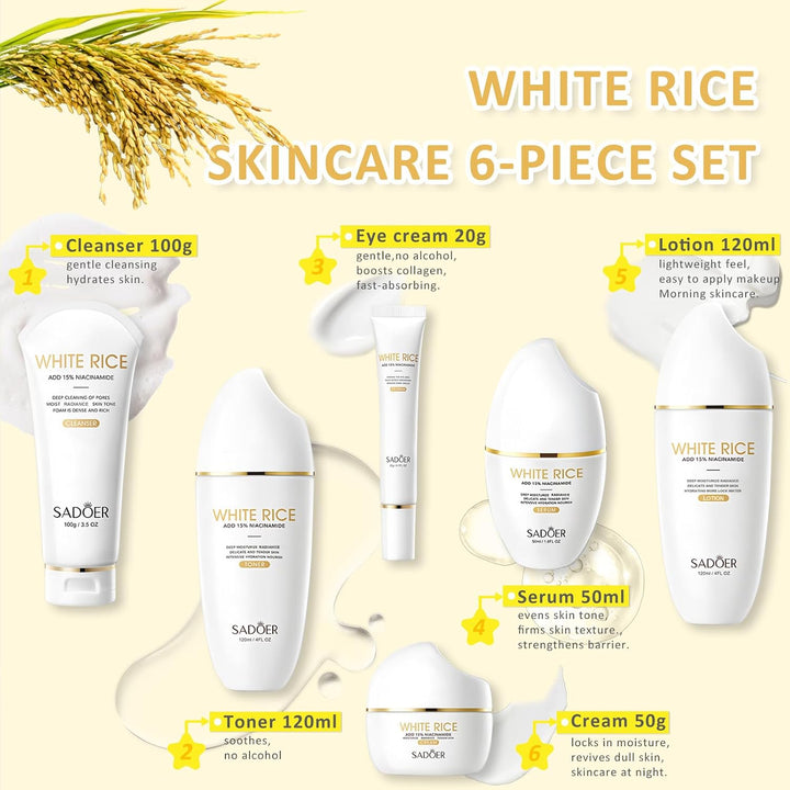 FOR SADOER Rice Niacinamide Skincare Set \u2013 Kit de 6 piezas de...