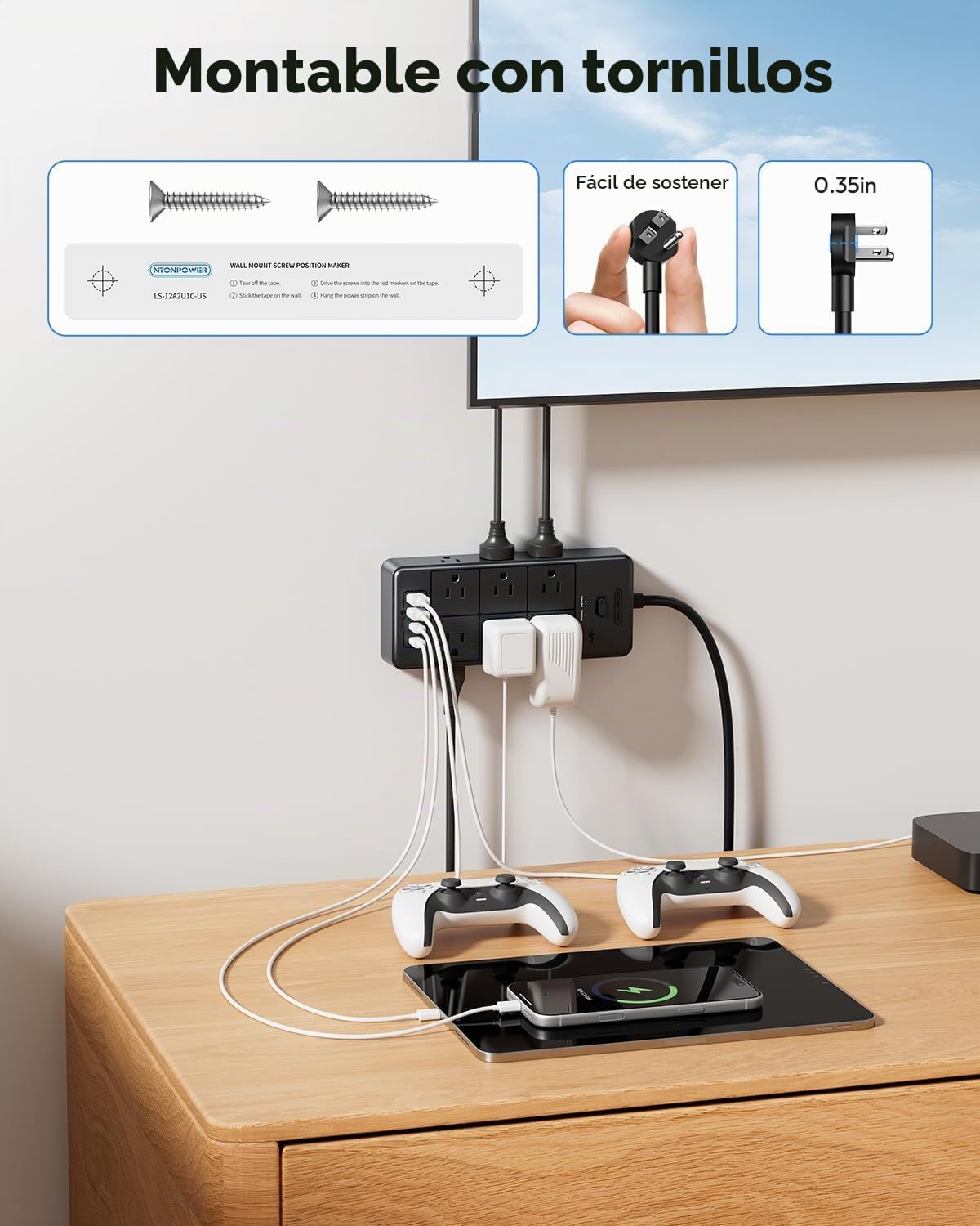 NTONPOWER - Protector de sobretensiones de 20 pies, cable de extensión largo con 12 tomas de corriente y 4 puertos USB (2 USB C), extensor de salida múltiple de 3 lados