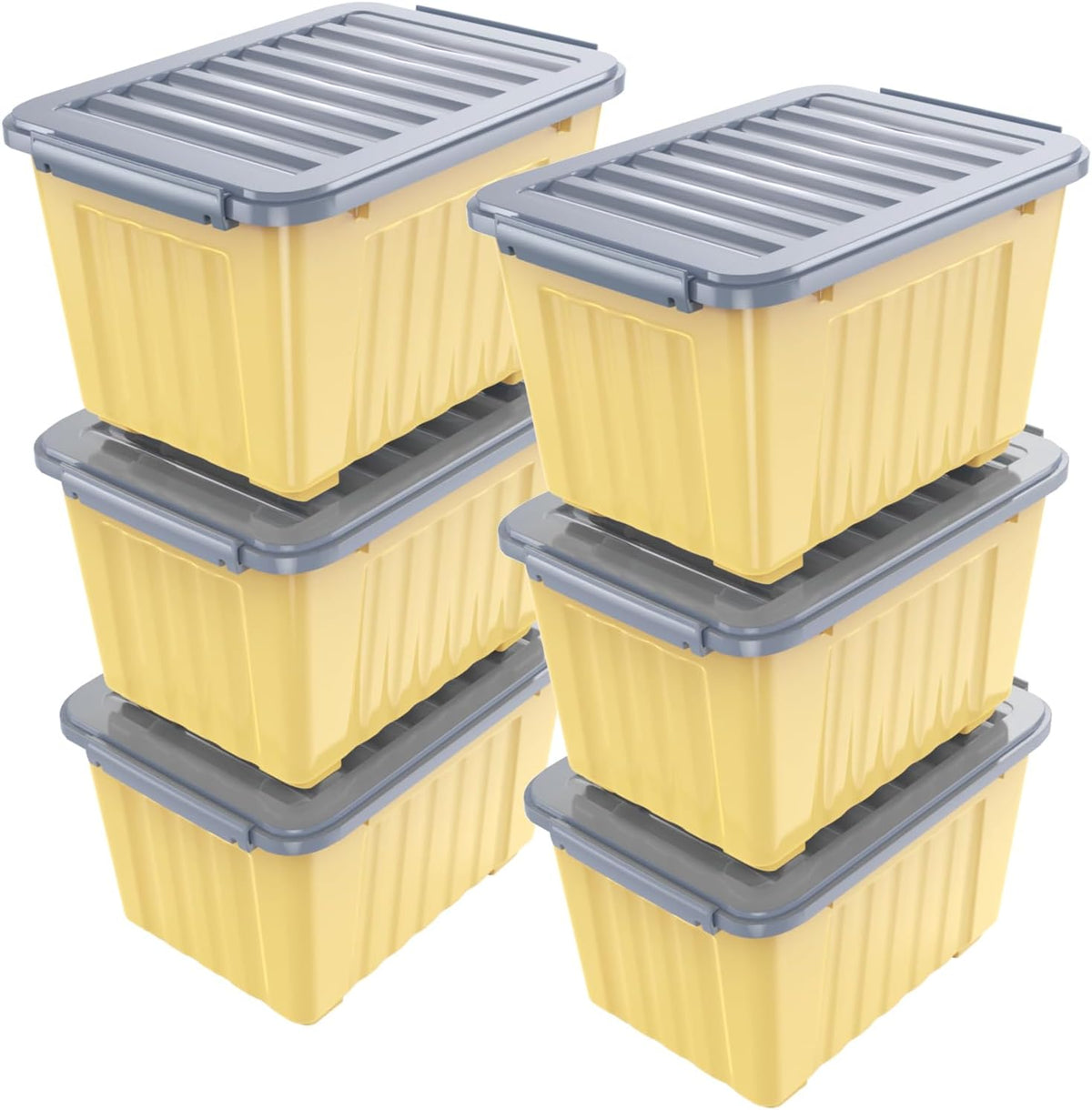 Nazhura Contenedor de almacenamiento de plástico, cajas de almacenamiento apilables y encajables con tapas blancas y hebillas de cierre seguro, contenedor de almacenamiento grande (amarillo/morado, 72