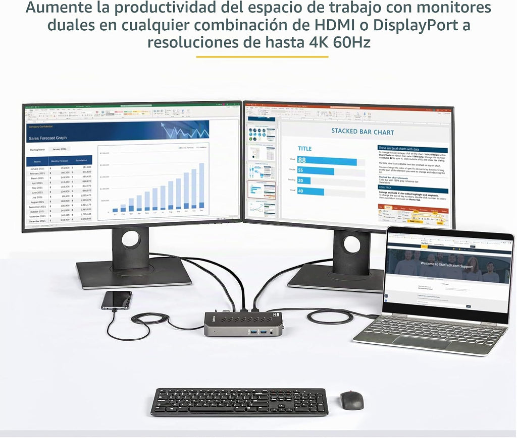 StarTech Hybrid USB-A y USB-C Dual 4K Dock, DP, HDMI, 6 puertos USB 5Gbps