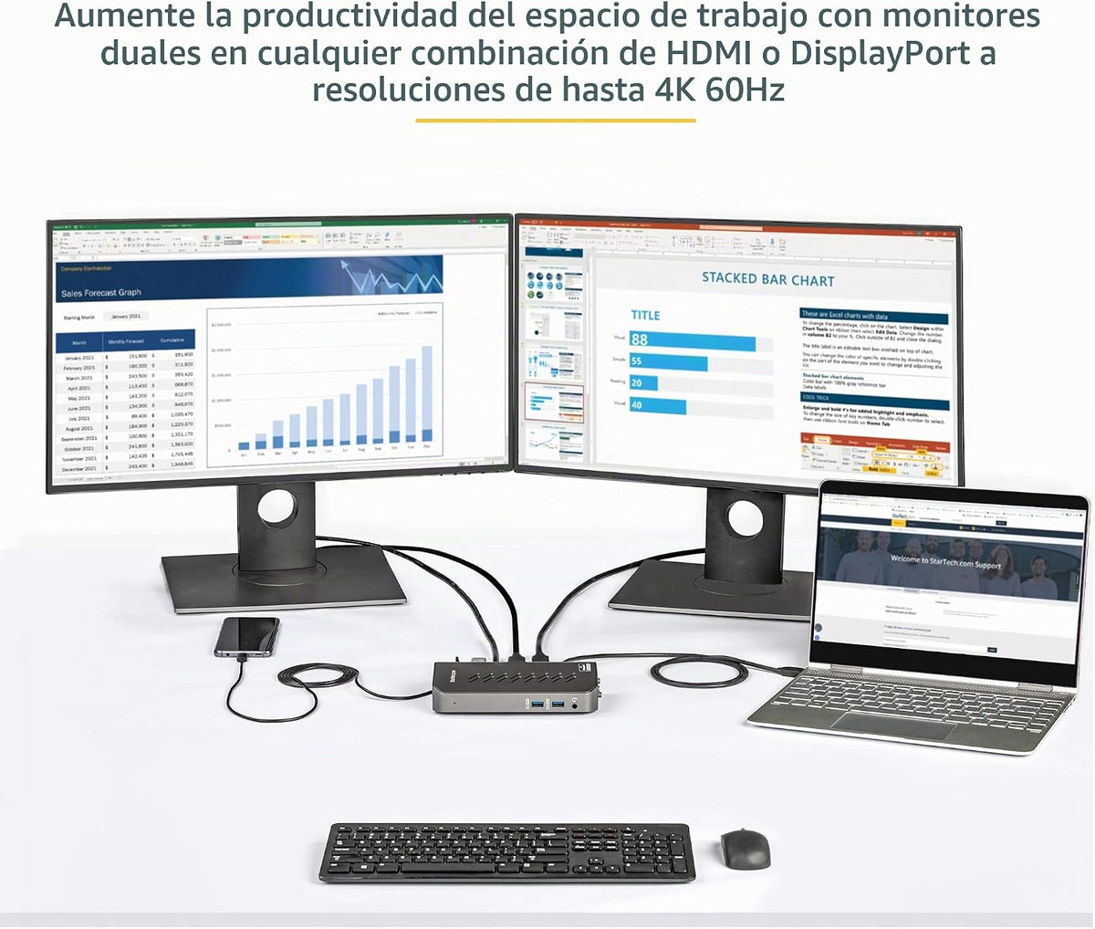 StarTech Hybrid USB-A y USB-C Dual 4K Dock, DP, HDMI, 6 puertos USB 5Gbps