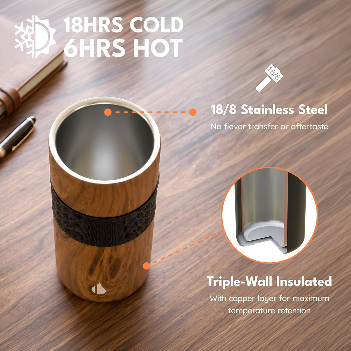 Elemental Artisan - Vaso aislado de triple pared, taza de viaje para café, reutilizable, de acero inoxidable, con tapa de cerámica, tazas de café térmicas para bebidas calientes (6 horas) y frías (18