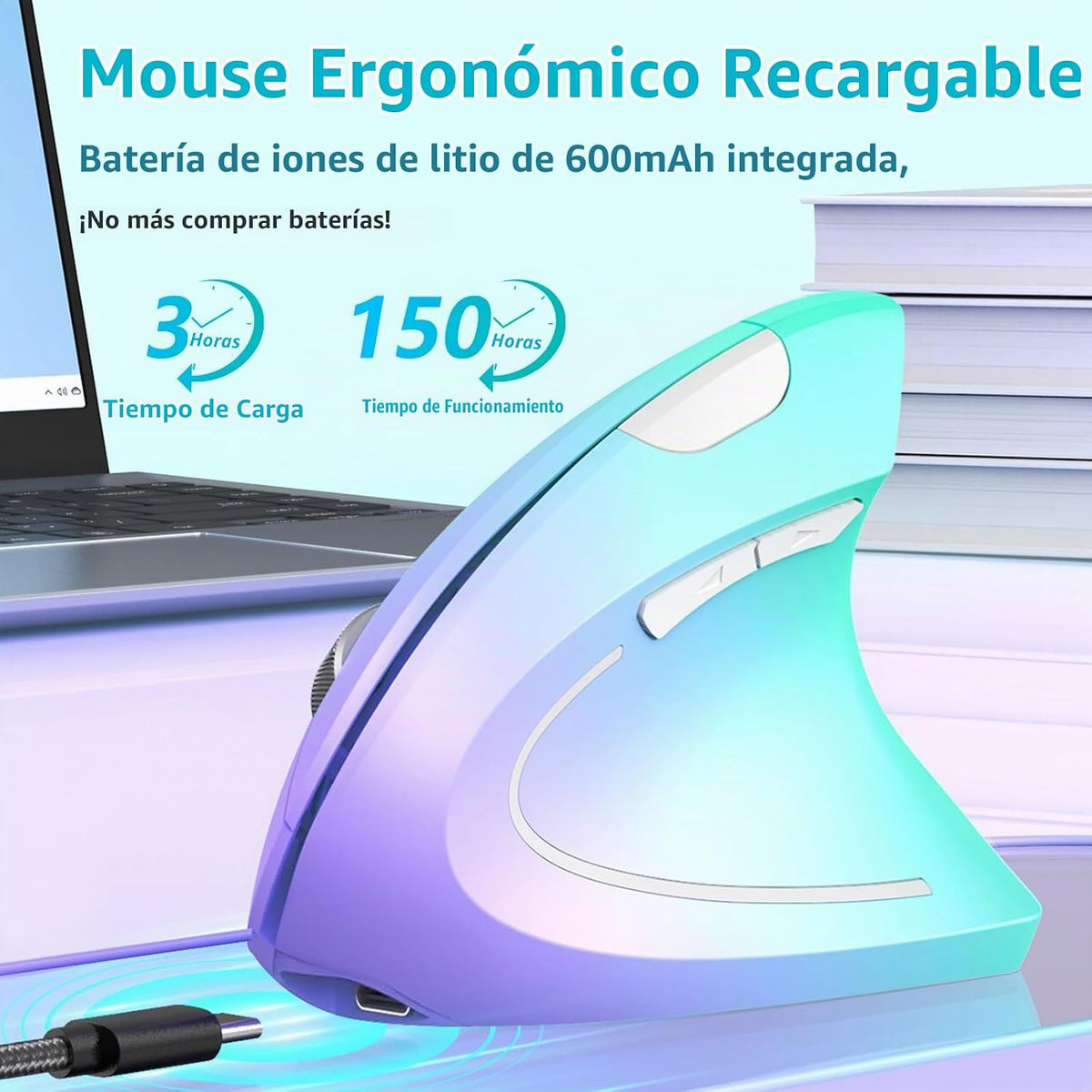 Lekvey Ratón ergonómico, ratón inalámbrico vertical USB-C recargable
