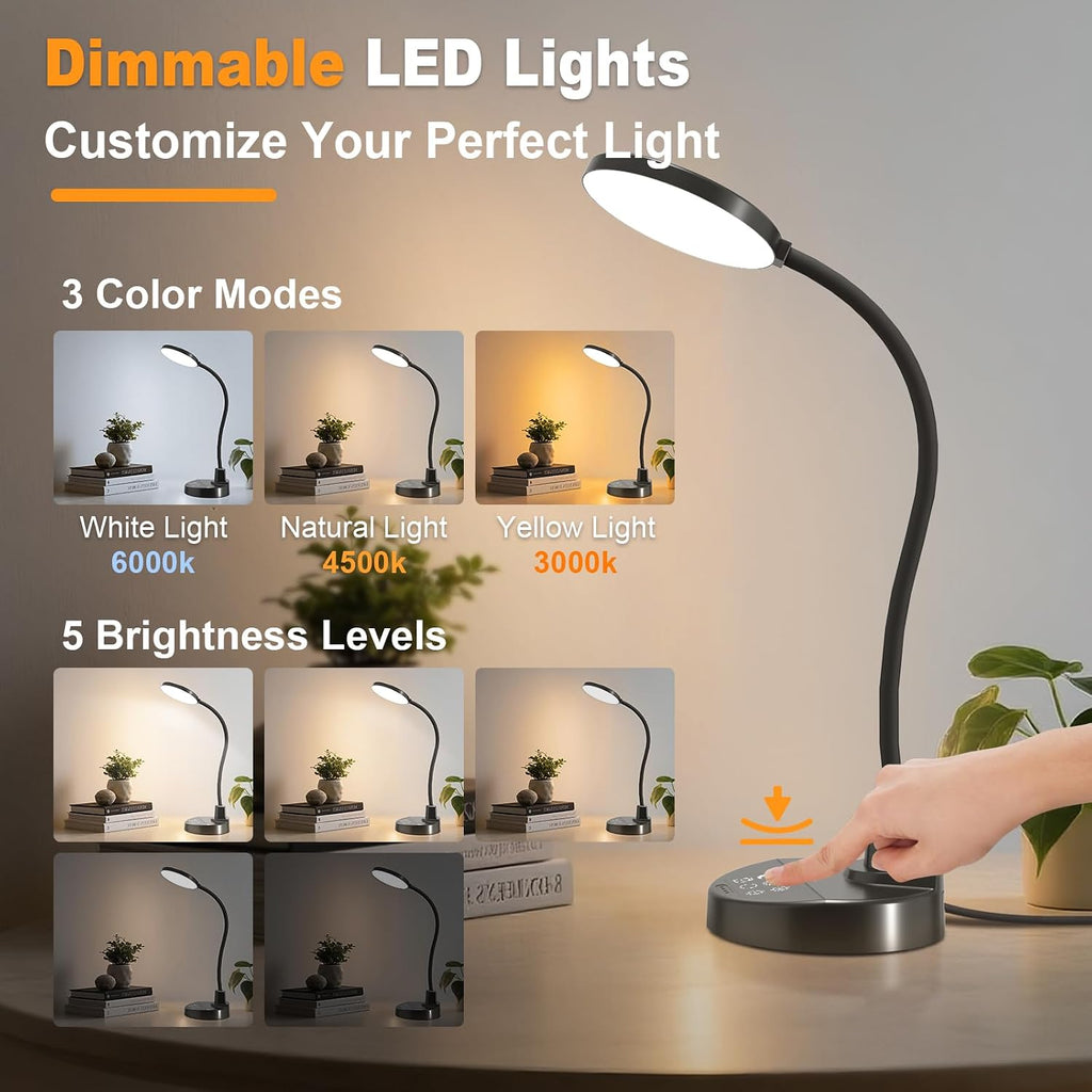 Lámpara Lámpara de escritorio LED de 15 W con puertos de carga USB, [botón y control remoto] Lámpara de mesa regulable con 3 modos de color, 5 niveles de brillo, 4 temporizadores, luz de lectura flexible para